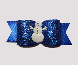 #3073 - 5/8" Dog Bow - Showy Blue Glitter w/Happy Little Snowman