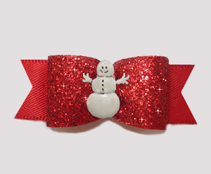 #3075 - 5/8" Dog Bow - Showy Red Glitter w/Happy Little Snowman