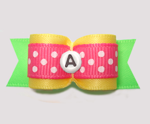 #3106 - 5/8" Dog Bow - Yellow/Green/Pink w/Dots, Choose Letter
