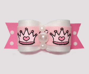 #3113 - 5/8" Dog Bow - Sweet Princess Crowns on Pink/White Dots