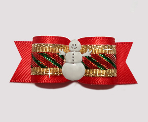 #3168- 5/8" Dog Bow- Candy Cane Sparkle, Red/Gold, Happy Snowman