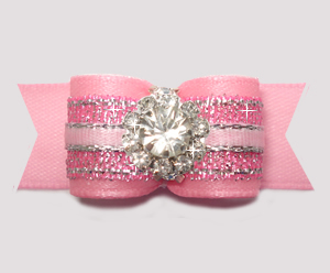 #3218 - 5/8" Dog Bow - Gorgeous Pink Shimmer, Rhinestone Flower