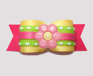#3248- 5/8" Dog Bow- Summer Fun, Yellow/Pink/Lime w/Daisy