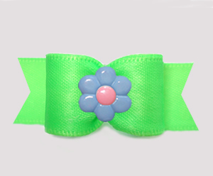 #3251 - 5/8" Dog Bow - Vibrant Lime Satin, Blue/Pink Daisy