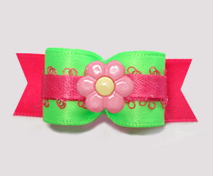 #3252 - 5/8" Dog Bow - Beautiful Brights, Lime/Hot Pink w/Daisy
