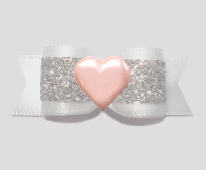 #3260 - 5/8" Dog Bow- Angelic White & Silver Glitter, Pink Heart