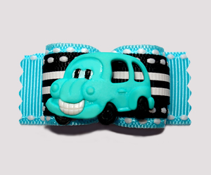 #A6889 - 7/8" Dog Bow- Blue/Black with Sporty Stripes, Happy Bus