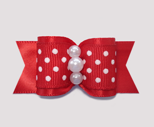 #A6934 - 7/8" Dog Bow - Classic Red & White Dots, Faux Pearls