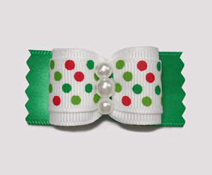#A6996 - 7/8" Dog Bow - Festive Candy Cane Dots, White on Green