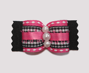 #A7019- 7/8" Dog Bow- Cute Black/White Gingham with Pink, Pearls