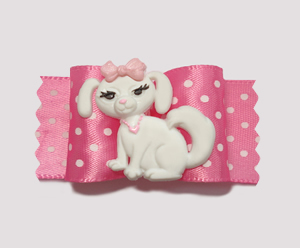 #A7025 - 7/8" Dog Bow - Adorable Pup, Pink & White Dotted Satin