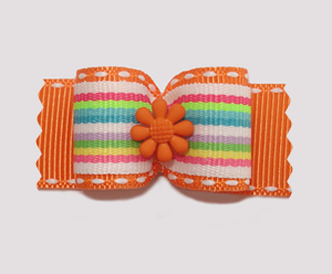 #A7045 - 7/8" Dog Bow - Fun Stripes, Vibrant Orange with Flower