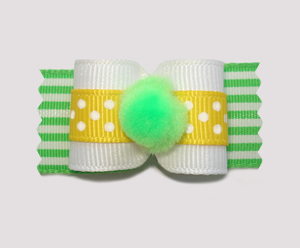 #A7052 - 7/8" Dog Bow Fun Dots 'N Stripes, Yellow/Green, Pom-Pom