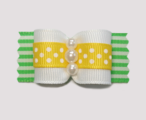#A7053 - 7/8" Dog Bow- Fun Dots 'N Stripes, Yellow/Green, Pearls
