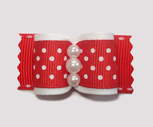 #A7123 - 7/8" Dog Bow - Adorable Red & White Dots, Faux Pearls