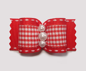 #A7125 - 7/8" Dog Bow - Sweet Red & White Gingham, Faux Pearls
