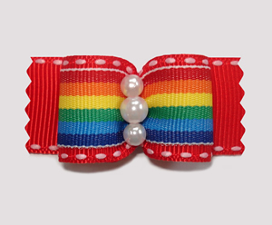 #A7134 - 7/8" Dog Bow - Fun Bold Rainbow Stripes on Red, Pearls