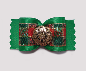 #A7142 - 7/8" Dog Bow - Holiday Green & Gold, Ornate Gold Button