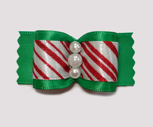 #A7144 - 7/8" Dog Bow - Candy Cane Sparkly Stripe on Green