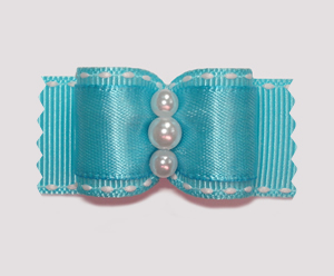 #A7155 - 7/8" Dog Bow - Electric Blue on Blue, Faux Pearls