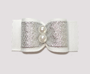 #A7159 - 7/8" Dog Bow - Winter Silver & White, Faux Pearls