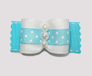 #A7163 - 7/8" Dog Bow - Delightful Dots, Blue, Faux Pearls