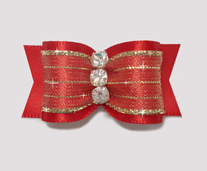 #A7173 - 7/8" Dog Bow - Gorgeous Showy Red w/Gold, Rhinestones