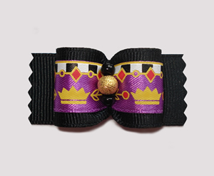 #A7174- 7/8" Dog Bow- Purple/Black, Royal Crowns & Gold Stardust