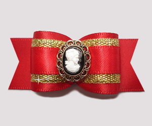 #A7281- 7/8" Dog Bow- Classically Beautiful, Red/Gold with Cameo