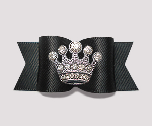 #A7283 - 7/8" Dog Bow - Classic Black Satin, Rhinestone Crown