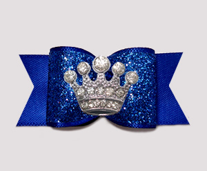 #A7285 - 7/8" Dog Bow - Regal Blue Glitter, Rhinestone Crown