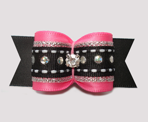 #A7296 - 7/8" Dog Bow - Gorgeous Pink/Silver/Black w/Sequins
