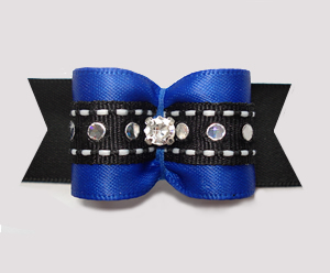 #A7297 - 7/8" Dog Bow - Gorgeous Blue/Black Satin with Sequins