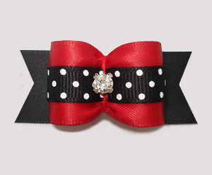 #A7300- 7/8" Dog Bow - Lovely Red/Black Satin w/Dots, Rhinestone