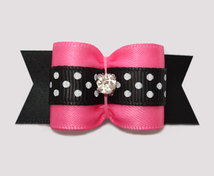 #A7301- 7/8" Dog Bow- Lovely Pink/Black Satin w/Dots, Rhinestone