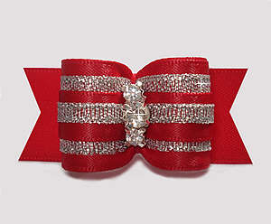 #A7336 - 7/8" Dog Bow - Showy Red & Silver, Triple Rhinestones