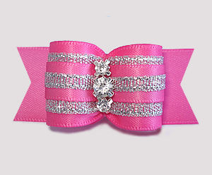 #A7338 - 7/8" Dog Bow - Showy Pink & Silver, Triple Rhinestones