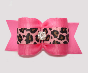 #A7354 - 7/8" Dog Bow - Pretty Pink w/Leopard Accent, Rhinestone