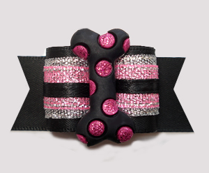 #A7362 - 7/8" Dog Bow - Black/Pink Shimmer with Bling Bone