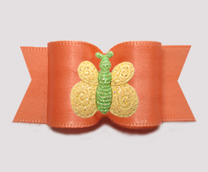 #A7373 - 7/8" Dog Bow - Perfect Peach Satin, Sparkle Butterfly