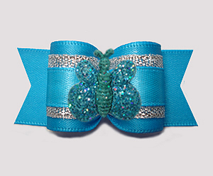 #A7374 - 7/8" Dog Bow - Vibrant Blue/Silver, Glitter Butterfly