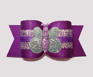 #A7376 - 7/8" Dog Bow - Rich Purple & Silver, Glitter Butterfly