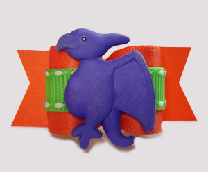 #A7391- 7/8" Dog Bow- Happy Dinosaur (Pterodactyl), Orange/Green