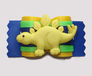 #A7393- 7/8" Dog Bow - Happy Dinosaur (Stegosaurus), Yellow/Blue