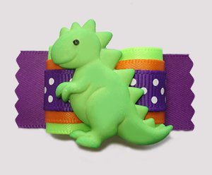 #A7394- 7/8" Dog Bow- Happy Dinosaur (Stegosaurus), Green/Purple