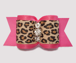 #A7462- 7/8" Dog Bow - Precious Pink/Leopard, Triple Rhinestones