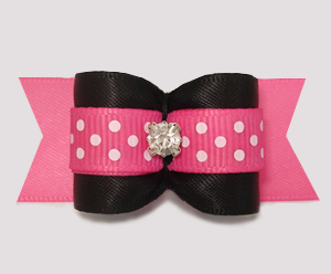 #A7491 - 7/8" Dog Bow - Bold Black/Pink Satin w/Dots, Rhinestone
