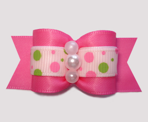 #A7497 - 7/8" Dog Bow - Pretty Pink with Lime/Pink Bubble Dots