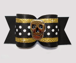 #A7517 - 7/8" Dog Bow - Midnight Black/Gold with Bronze Skull