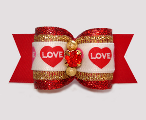 #A7524- 7/8" Dog Bow- Gorgeous Red Glitter/Gold w/Love Hearts